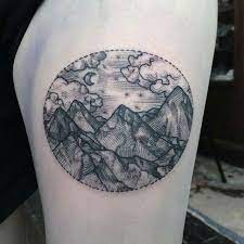 Mountain And Clouds Within A Circle Tattoo Landscape Tattoo Tattoos Mountain Tattoo