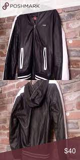 Mens G By Guess Black Jacket W Hoodie Small Mens Black And White G By Guess With Hoodie Leather Look Made With Polye Black Jacket Jackets Lightweight Shirts