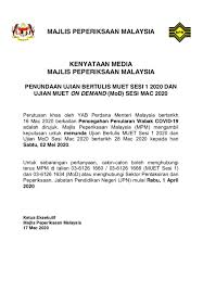 No part of this publication may be reproduced, in any form or by no means, electronic, mechanical, photocopying, recording. Kementerian Pengajian Tinggi On Twitter Kenyataan Media Majlis Peperiksaan Malaysia Penundaan Ujian Bertulis Muet Sesi 1 2020 Dan Ujian Muet On Demand Mod Sesi Mac 2020 Https T Co Tzk7apeqtp
