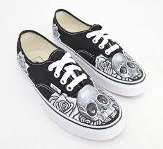Black And White Custom Vans Slip Ons Black White Skull Rose On Black Vans Authentic Custom Hand Painted Shoes Black Vans Painted Shoes Hand Painted Shoes
