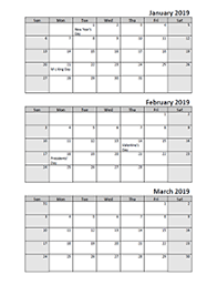 2019 Three Month Calendar Template Free Printable Templates