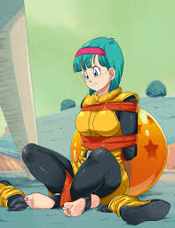 lost one zero, bulma, dragon ball, dragonball z, absurdres, highres, 1girl,  angry, arms behind back, barefoot, bdsm, blue eyes, blue grass, bodysuit,  bondage, bound, breasts, earrings, full body, green hair, green sky,