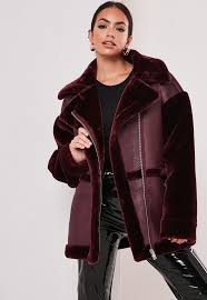 Wine Faux Fur Sleeve Oversized Aviator Jacket Missguided Aviator Jackets Coats Jackets Women Jackets