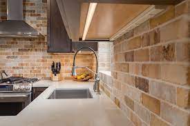 What style stone backsplash tile should be used in the bathroom? Natural Stone Backsplash In Contemporary Kitchen Farmhouse Kitchen Other By Talmadge Construction Inc Houzz