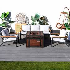 Outdoor leisure courtyard small space exposed pipe aluminum teak armrests  inlaid sofa set with stove table