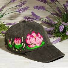 Hand Embroidered Black Hat With Lotus Custom Flower Etsy Hand Embroidered Hand Embroidered Pendant Hat Embroidery