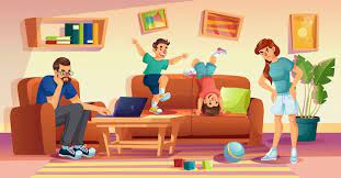 Premium Vector | Angry mother, annoyed father, naughty kids at home. man  freelancer trying to work online on laptop. woman scolding children for  mess in living room. rowdy boys jumping on sofa.