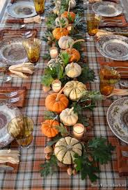 A Thanksgiving Table With Turkey Plates Plaid And Pumpkin Oak Leaf Runner Thanksgiving Table Decorations Thanksgiving Table Settings Thanksgiving Decorations Diy