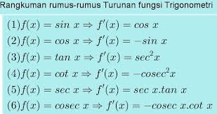 Ada beberapa pembelajaran besar dalam topik ini, yaitu limit fungsi, diferensial (turunan), integral, dan luas daerah & volume benda putar. Turunan Fungsi Trigonometri Dan Contoh Soalnya Rumus Co Id