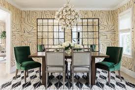 Green dining room with mahogany furniture. Emerald Green Velvet Dining Chairs With Brown Wooden Table Contemporary Dining Room
