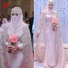 Aliexpress Com Buy 2016 New Muslim Arabic Mermaid Chiffon Wedding Dresses High Neck Long Bridal Gowns Long Bridal Gown Cape Wedding Dress Pink Wedding Gowns