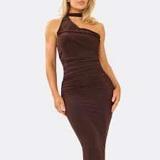 One Shoulder Scarf Detail Maxi Dress In Chocolate Brown | EGO