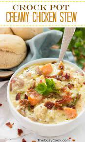 This Crock Pot Chicken Stew Has A Thick And Creamy Broth That Simmers Slowly With Red Potatoes And Y Slow Cooker Dishes Creamy Chicken Stew Stew Chicken Recipe