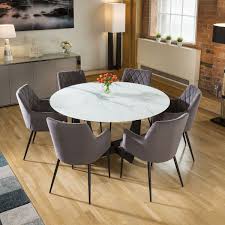 Round White Glass Marble Effect Dining Table 6 X Grey Carver Chairs Grey Dining Tables Round Dining Room Table Round Dining Room