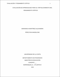 Curso de formación específico para el acceso a ciclos formativos de grado medio. Evaluacion Y Pensamiento Critico 1 Evaluacion De Aprendizajes Para El Fortalecimiento Del Pensamiento Critico Barandica Mart