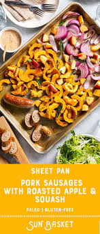 Sheet Pan Pork Sausages With Roasted Apple And Delicata Squash Recipe Sheet Pan Recipes Delicata Squash Sunbasket Recipes