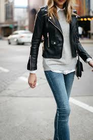 Fall Outfit Winter Outfit Black Leather Jacket Grey Sweater White Button Down Shirt Denim Ripped Skinny Jeans Trendy Fall Outfits Fashion Fashion Jackson