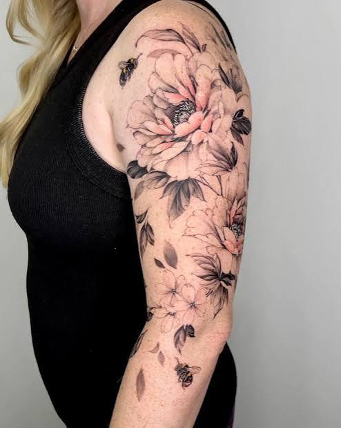 Blossoms and a Tiny Friend: Half Sleeve Peonies with Bees and a Ladybug