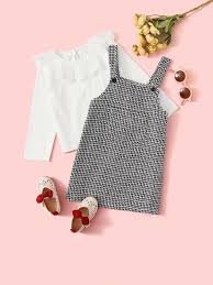 Toddler Girls Mesh Panel Tee With Tweed Overall Dress