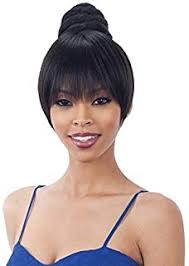 Hairstyle with bangs and curls at sides. Amazon Com Bun And Bangs 2 Piece