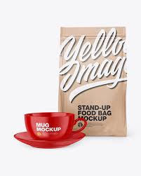 Download Kraft Stand Up Bag With Coffee Mug Mockup In Bag Sack Mockups On Yellow Images Object Mockups
