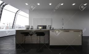 A closer look reveals some. Modern Open Plan Kitchen With Center Island With Bar Stools Sink And Cupboards And Built In