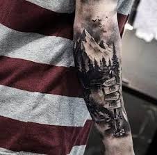30 Ideas For Tattoo Mountain Forest Tat Landscape Tattoo Forest Tattoos Nature Tattoo Sleeve