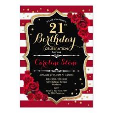 Black And Gold 21st Birthday Invitations 21st Birthday Red Gold Black White Stripes Roses Invitation Zazzle Com 50th Birthday Invitations 16th Birthday Invitations Elegant Birthday Party