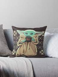 Illustration Of Baby Yoda Drinking Coffee Ideal Gift For Baby Shower Or Fan Of Starwars Yoda Baby Baby Throw Pillows Throw Pillows Designer Throw Pillows