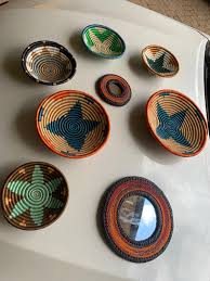 9 Assorted Brown( Tan), Blue and Black Wall Decor Baskets, Beaded Mirrors,9  Rwanda Baskets, 9 Wall Hanging Baskets Grouping, African Baskets