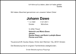 Traueranzeigen von Johann Dawe