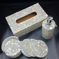 Marble, quartz or granite in lighter finishes can look particularly elegant. R F Crafts Mother Of Pearl Bathroom Accessories Rs 3000 Set Id 17653261933