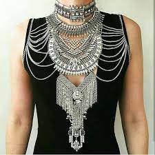 Custom Long Silver Statement Necklace Body Chain Chunky Choker Silver Necklace Statement Aztec Fashion Fashion