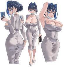 archinoer, dongtan lady (k pring), ouro kronii, hololive, hololive english,  highres, 1girl, armpits, ass, black bag, blue eyes, blue hair, blue nails,  breast tattoo, breasts, cellphone, choker, colored inner hair, covered  navel,