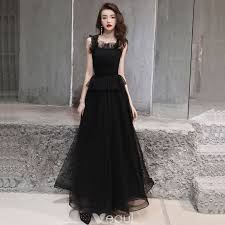 Modest Simple Black Evening Dresses 2019 A Line Princess Shoulders Sleeveless Beading Floor Length Long Ruffle Backless Formal Dresses Black Evening Dresses Simple Black Evening Dresses Formal Dresses Long Elegant