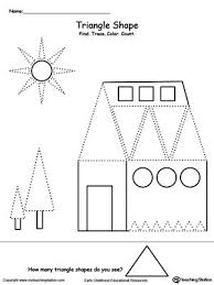Find Trace Color And Count The Shapes Triangle Preschool Worksheets Triangle Worksheet Kindergarten Worksheets Printable