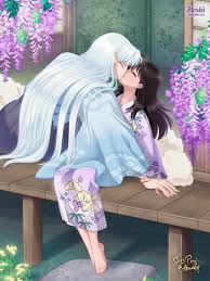 rin (inuyasha), sesshoumaru, hanyou no yashahime, inuyasha,  absurdres, highres, 1boy, 1girl, barefoot, black hair, blue kimono, blush,  character name, closed eyes, couple, facial mark, floral print, flower,  grey hakama, hakama, hand on
