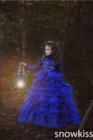 Aliexpress Com Buy Custom Long Blue Lace Full Sleeves Flower Girl Dresses Beautiful Tiered First Communio Girls Pageant Dresses Kids Gown Little Girl Outfits