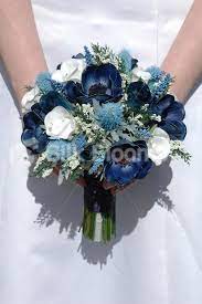 From the lightest baby blue to the darkest navy. Real Touch Blue Anemone Thistle Rose Small Wedding Bouquet Small Wedding Bouquets Blue Wedding Bouquet Flower Bouquet Wedding