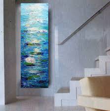 It can be placed on the wall by the french door and moved when needed. Water Lilies Custom White Blue Tall Vertical Wall Art Original Painting Abstract Long Narrow Wall Decor For Staircase Bathroom Kitchen