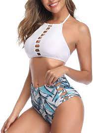 Saodimallsu Womens Halter High Neck Bikini Two Piece Swimsuits High Waisted Criss Cross Floral Bathing Suit High Neck Bikinis Backless Bikinis Swimsuits Halter