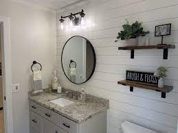Filter, save & share beautiful shiplap wall bathroom remodel pictures, designs and ideas. Modern Farmhouse Bathroom With Ship Lap Granite Is Colonial White And Cabinet Color Is Sw M Gray Bathroom Walls White Granite Bathroom Small Bathroom Remodel