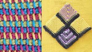 multicolour tunisian crochet mitered squares knit