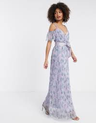 Anaya With Love Tulle Cold Shoulder Frill Maxi Dress In Lilac Floral Print Asos Maxi Dress Dresses Anaya