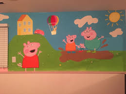 Little peppa fans will love the beautiful design that features peppa and george pig, emily elephant and candy cat on a pretty pale pink background patterned with butterflies, flowers and hearts. Peppa Pig Hand Painted Wall Pig Mural Hand Painted Walls Creative Diy Gifts