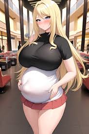 Anime Pregnant Huge Boobs 30s Age Pouting Lips Face Blonde Straight Hair  Style Light Skin Illustration Mall Back View Working Out Mini Skirt  3664698026851306779 