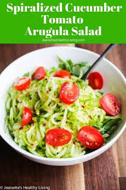 Sweet And Spicy Spiralized Cucumber Tomato Arugula Salad Recipe Daniel Plan Recipe Recipe Arugula Salad Recipes Salad Recipes Arugula Salad