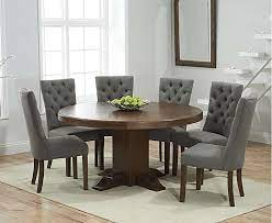 Torino 150cm Dark Solid Oak Round Pedestal Dining Table With Anais Fabric Dark Oak Leg Chairs Dark Wood Dining Table Round Pedestal Dining Grey Round Dining Table