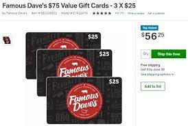 Famous dave's gift card bonus. Sam S Club Purchase 75 Famous Dave S Gift Card For 56 25
