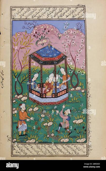 Rajasthani miniature painting from Rajasthan, India. Probably late 19th century or early 20th century. Upper class people sitting in a garden pergola enjoying entertainers one who appears to be throwing something into